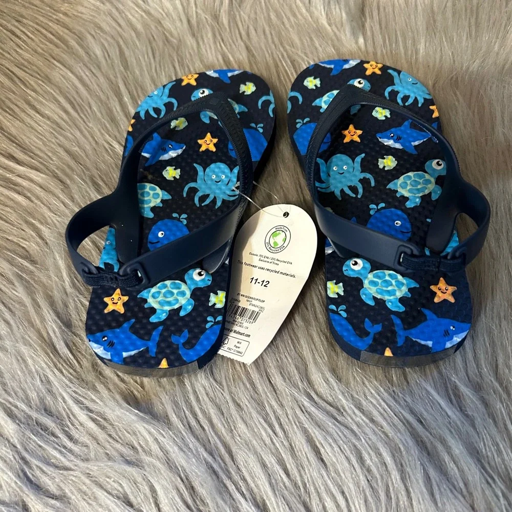 Wonder Nation Flip Flops Toddler Boy Size 11-12 Blue Ocean Animals Sandals Shoes